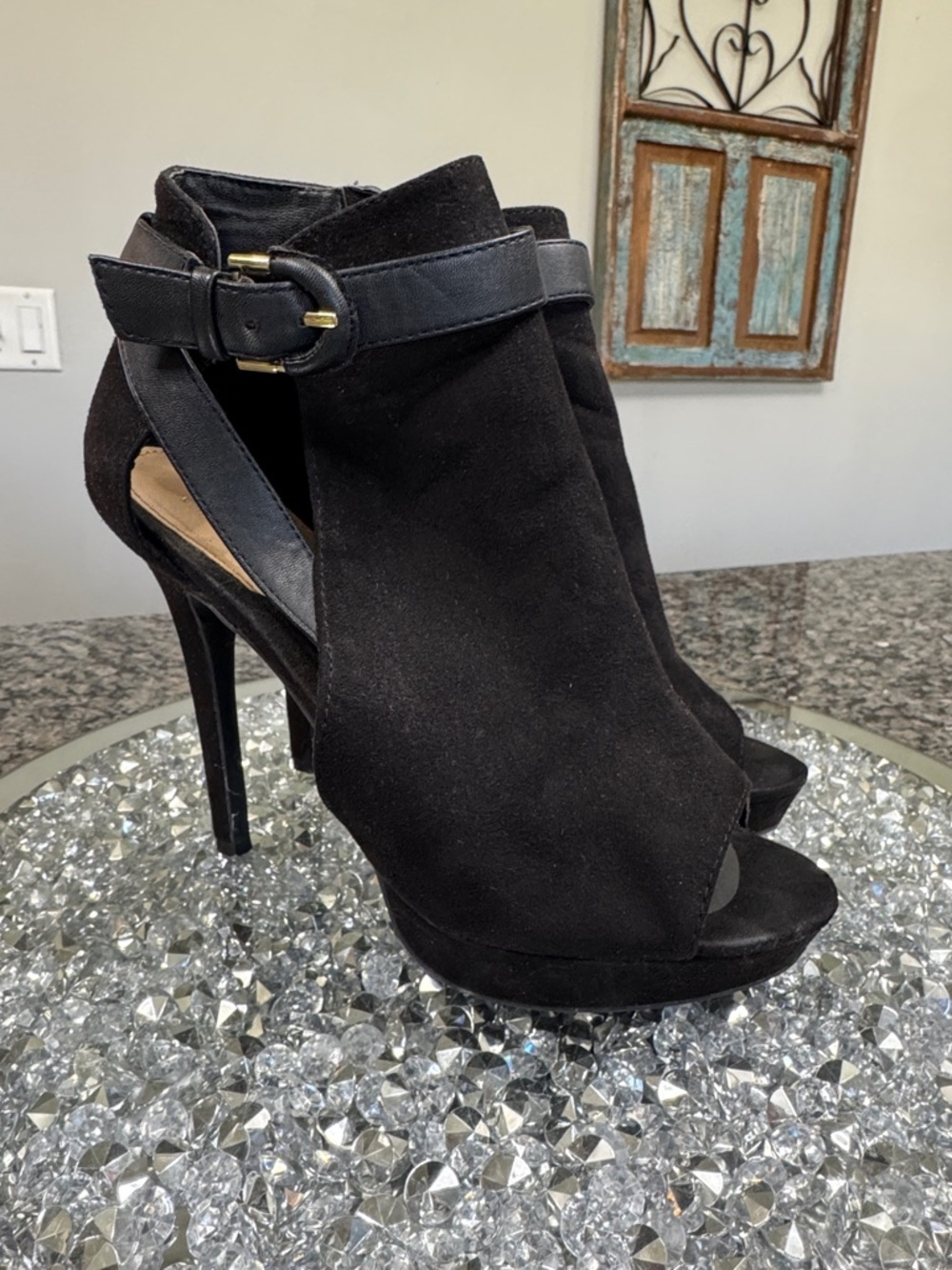 Apt. 9 Black Suede Peep-Toe High Heel Booties with Ankle Strap 7.5